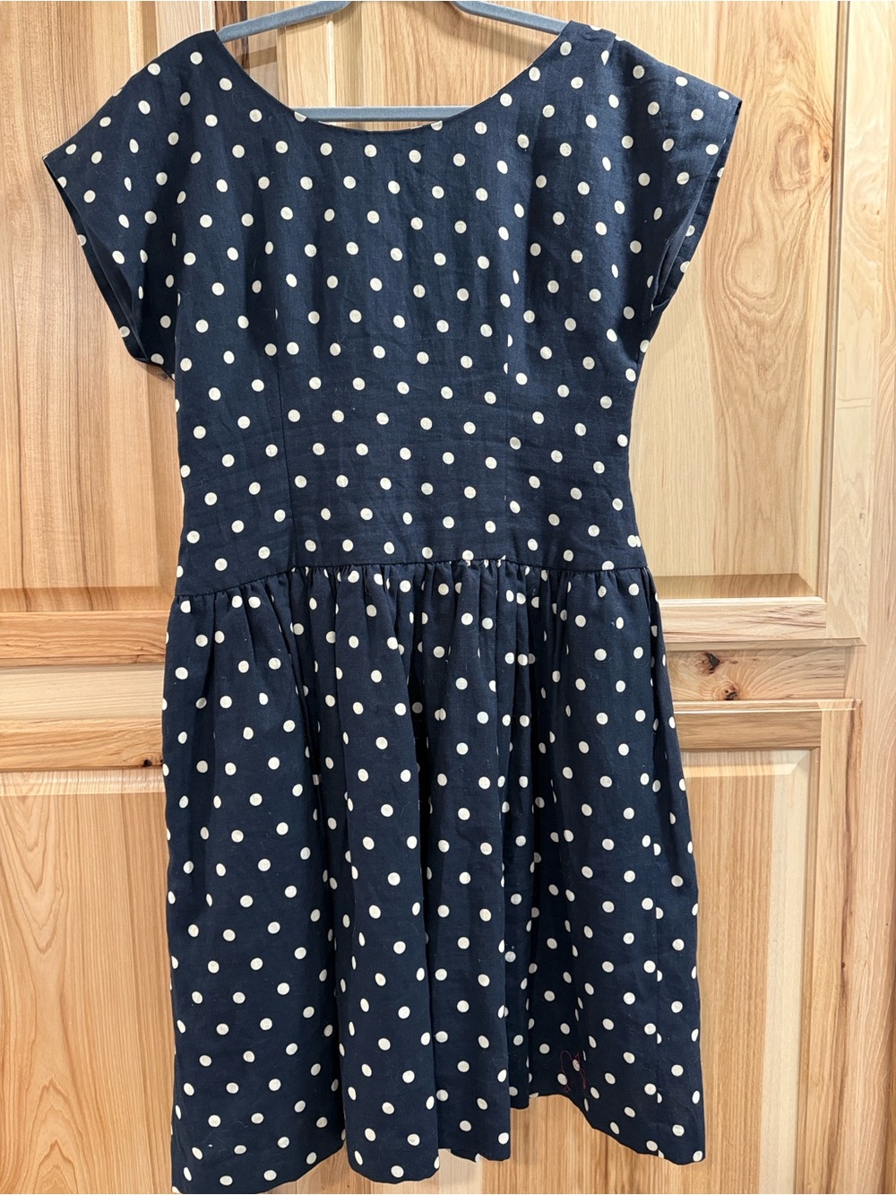 Lili’s Closet Anthropologie Linen Navy Polka Dot Drop Waist Women's Dress Sz 14